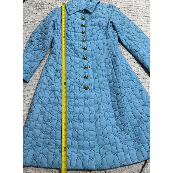 VTG 1960s Quilted Housecoat Bed Jacket Mid Century Womens XS Blue Gold Buttons - Picture 2 of 13